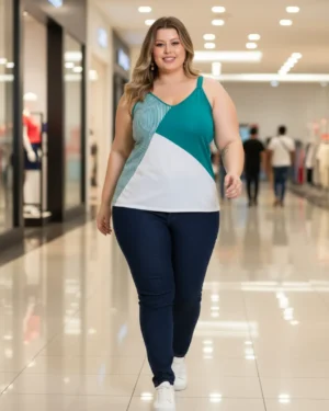 Blusa De Alças Turquesa E Branco Plus Size