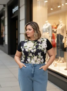 Blusa Floral Preta Com Gota Nas Costas Plus Size