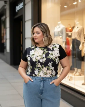 Blusa Floral Preta Com Gota Nas Costas Plus Size