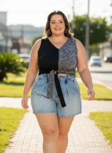 Blusa Folhagem Preta Com Amarração Plus Size