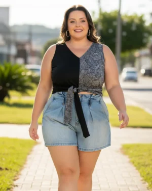 Blusa Folhagem Preta Com Amarração Plus Size