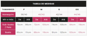 tabela sutiã ruth lingerieBR