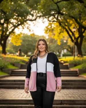 cardigan preto e branco e rosa plus size