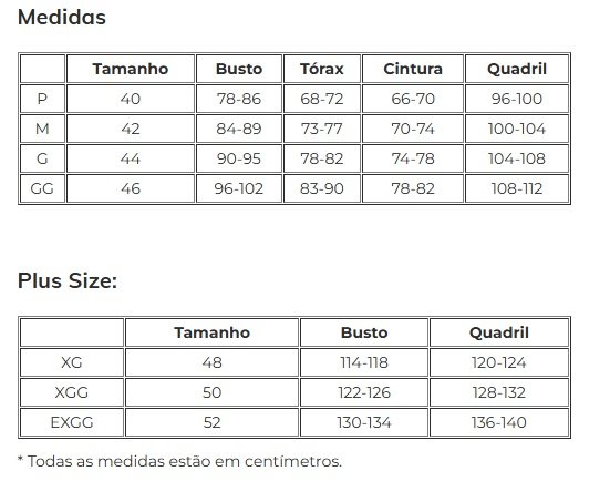 tabela medidas lingerie